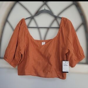 *NWT* MELROSE AND MARKET, 100% Cotton Puff Sleeve Crop Top, Rust Amber, Sz Large